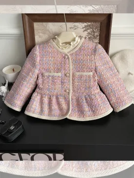 Elegant Pastel Tweed Girls' Peplum Jacket with Pearl Buttons