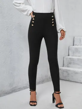 Elegant Plain Double Button Long Women Leggings