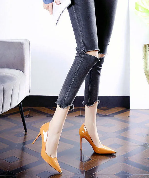 Elegant Pointed Toe Stiletto High Heels Orange Cowhide Leather LC0176