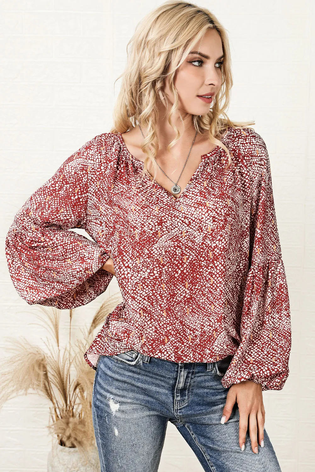 Elegant Red Abstract Lantern Sleeve Top