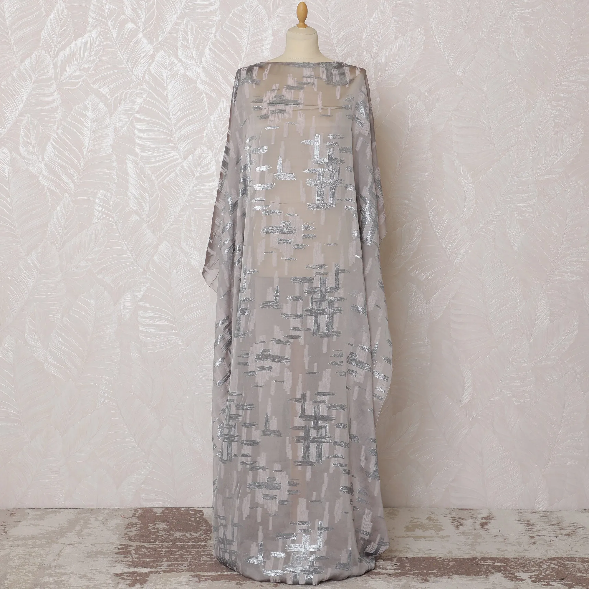 Elegant Silver Grey French (Fransawi) Somali Dirac Silk Chiffon Fabric with Metallic Lurex, 140 cm Width-D19687