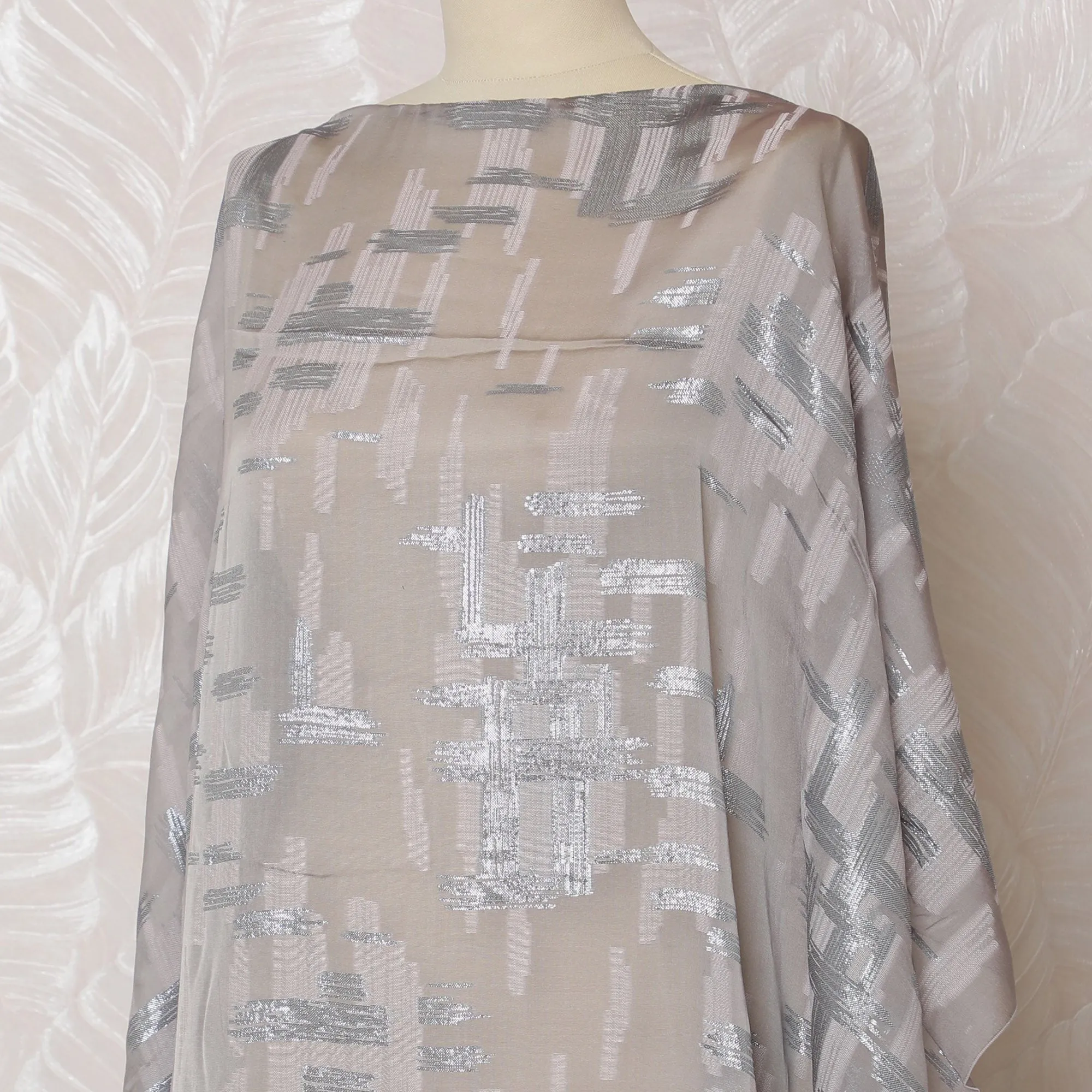 Elegant Silver Grey French (Fransawi) Somali Dirac Silk Chiffon Fabric with Metallic Lurex, 140 cm Width-D19687