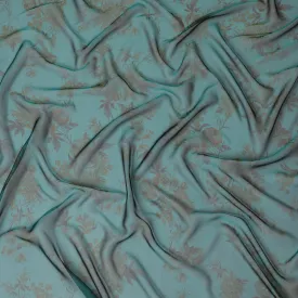 Elegant Turquoise Floral Pure Silk Chiffon Fabric, 110 cms, South Korea-D19887