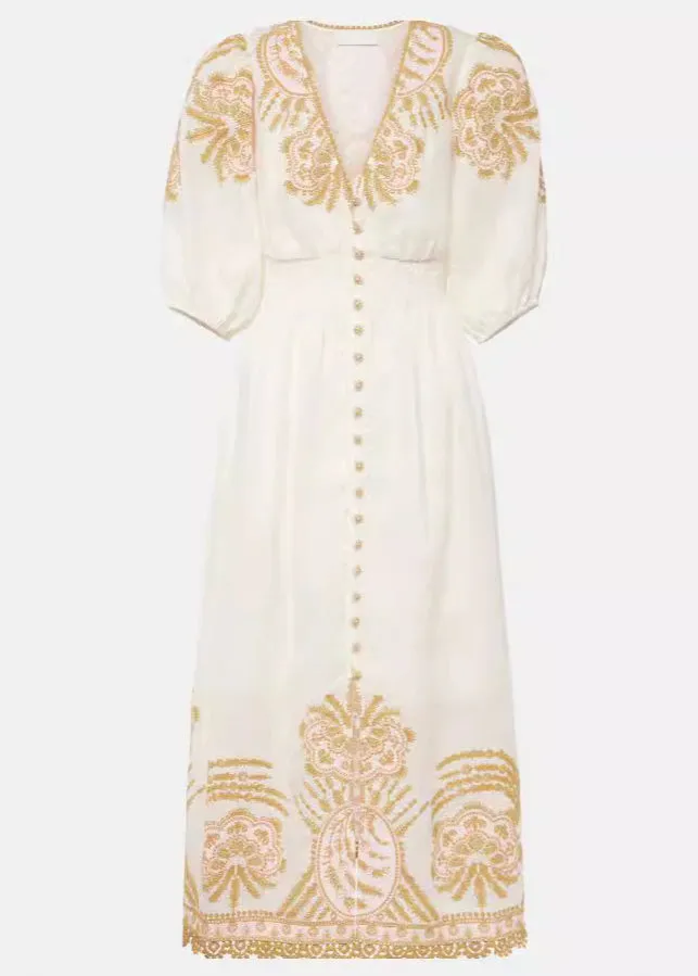 Elegant White Embroidered Button Cotton Long Dresses Summer AU1028