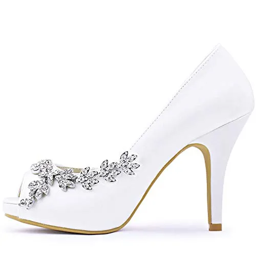 Elegantpark HP1560IAC Platform Wedding Shoes for Bride High Heels Women Bridal Shoes Peep Toe Rhinestones Satin Wedding Party Dress Court Shoes