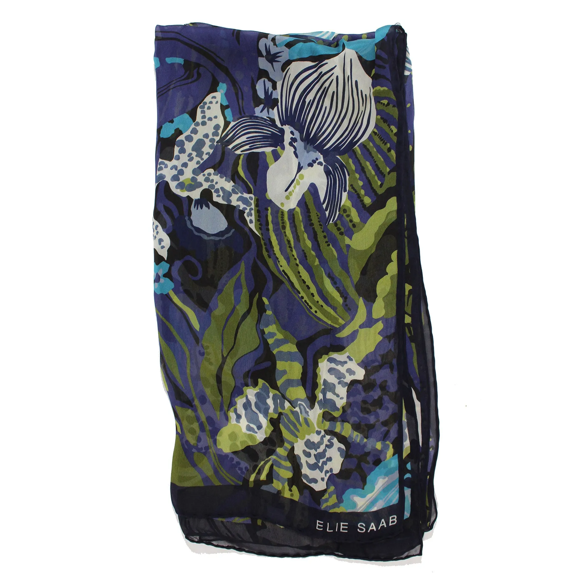 Elie Saab Scarf Midnight Blue Olive Floral Design - Chiffon Silk Designer Shawl