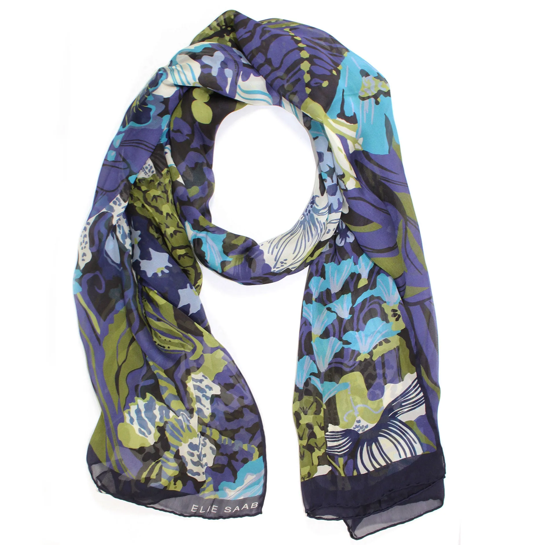 Elie Saab Scarf Midnight Blue Olive Floral Design - Chiffon Silk Designer Shawl