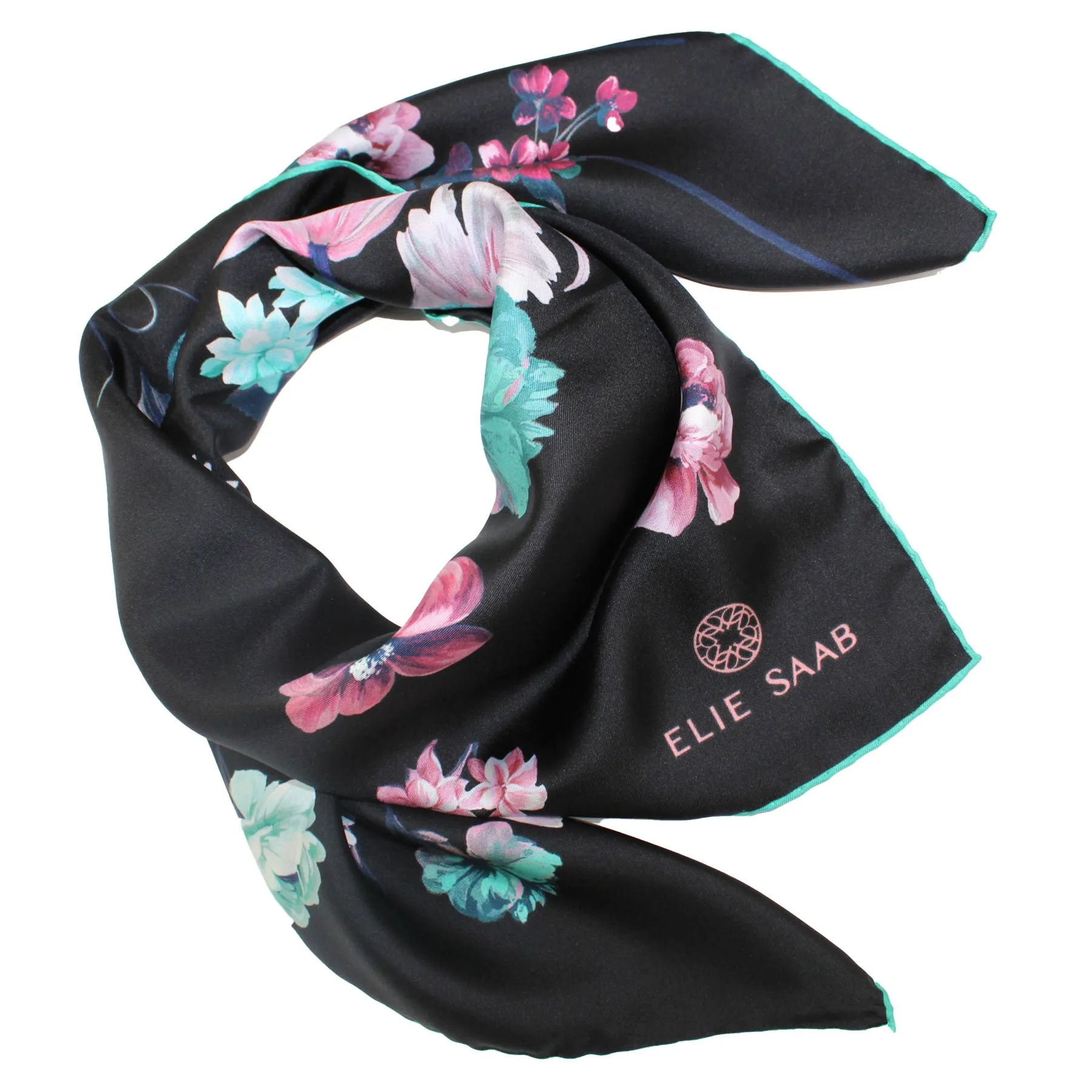 Elie Saab Silk Scarf Black Pink Floral - Twill Silk Foulard