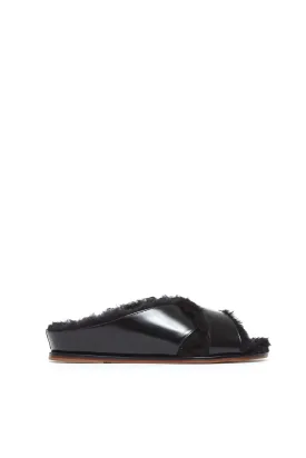 Ellington Fur Flat Slide in Black Leather