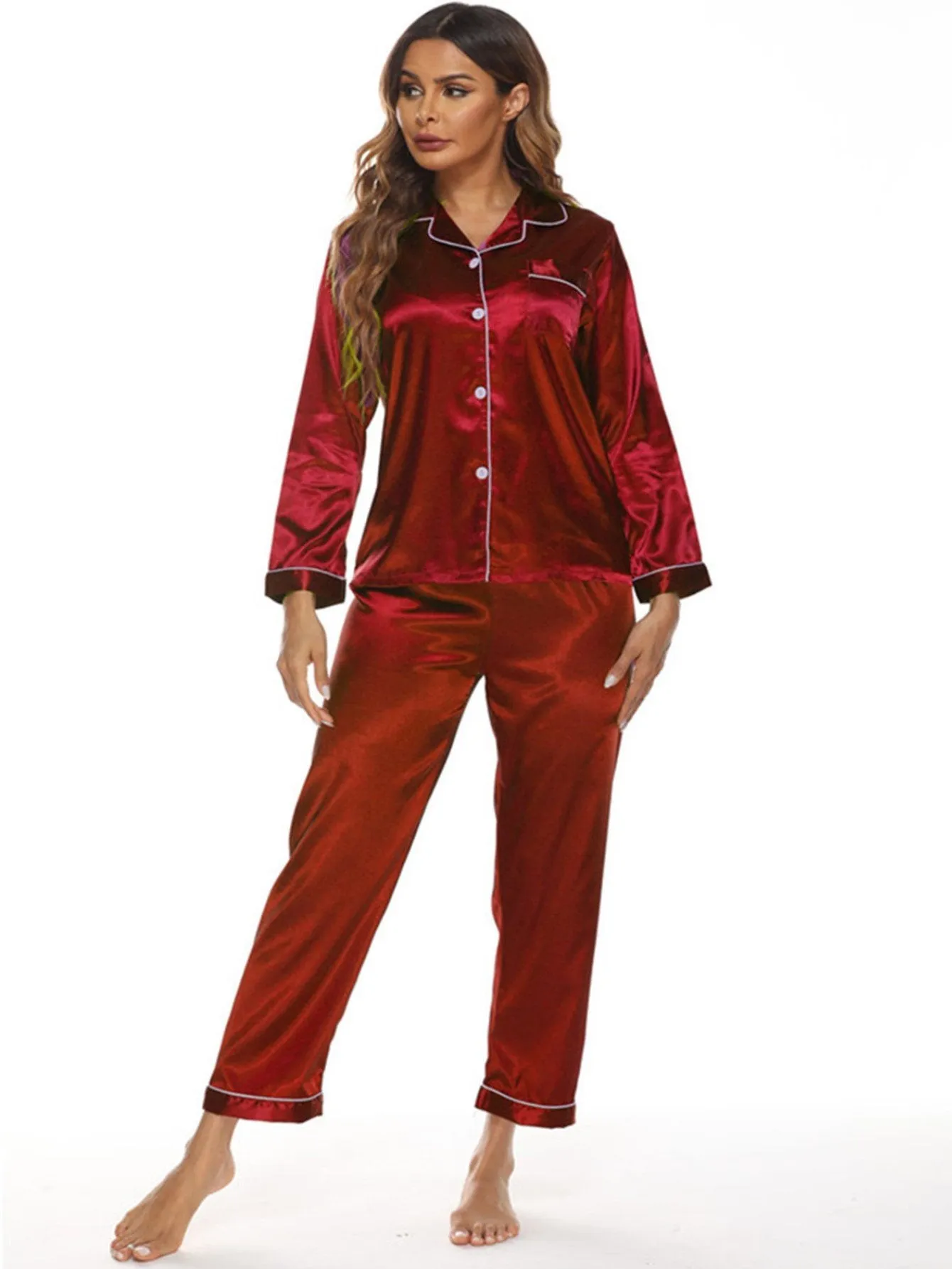 Elowel Silk Satin Pajama Set for Women - Button Down Sleepwear Satin Pajamas - Full Sleeve Satin Pajamas Women Loungewear Color Red