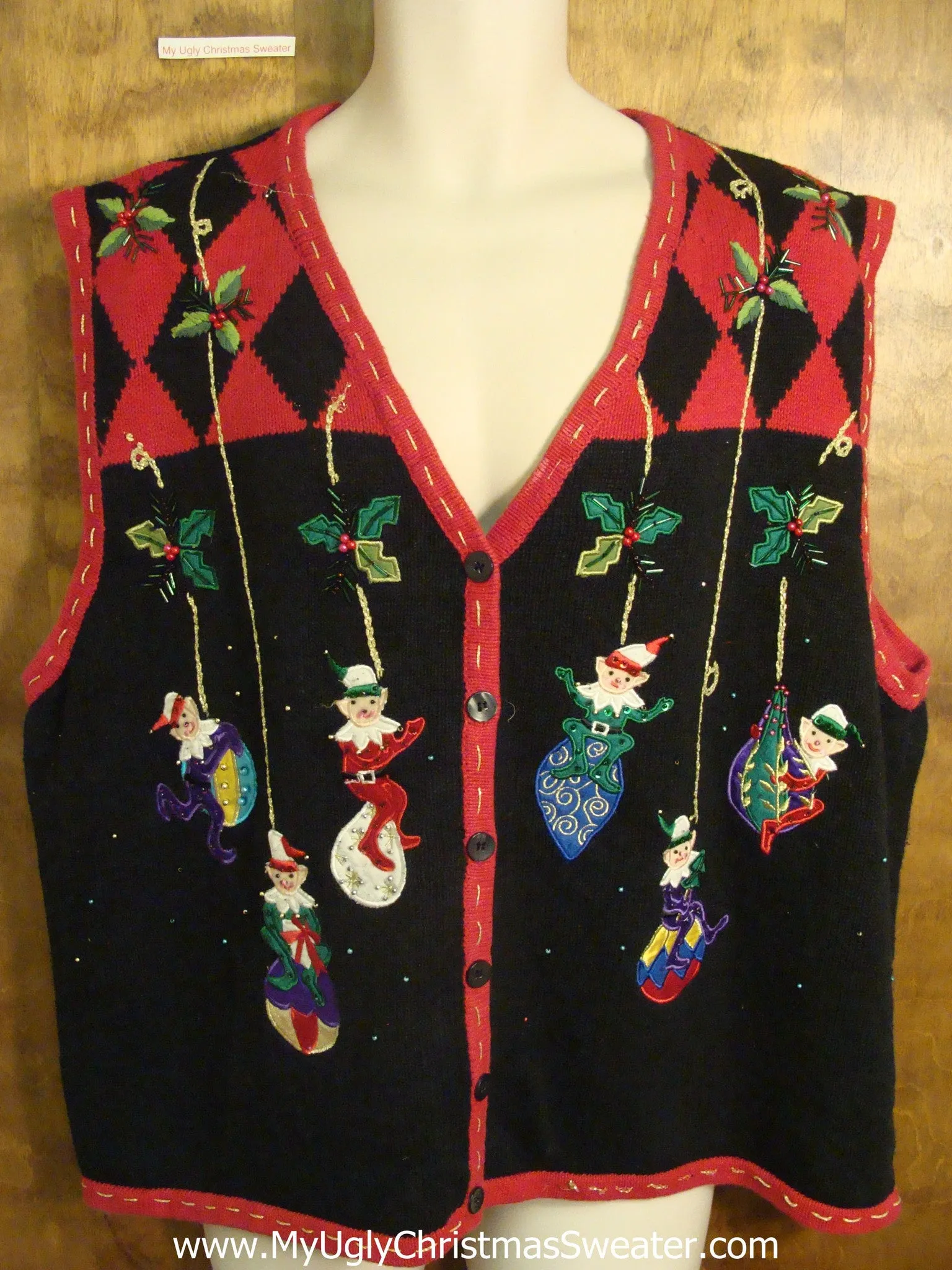 Elves on Ornaments Funny Ugly Christmas Sweater Vest