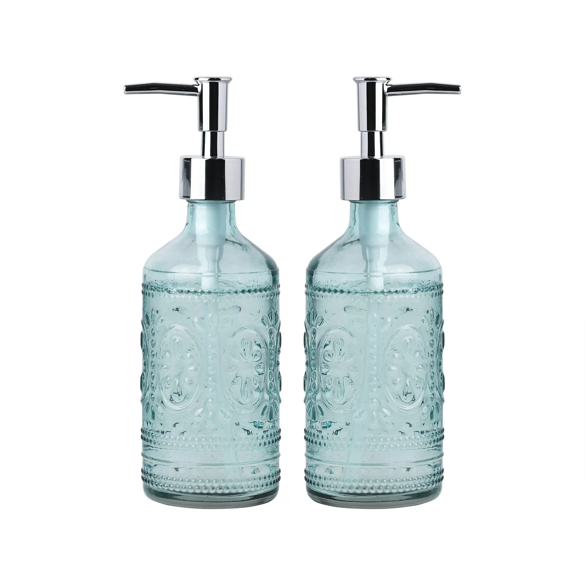 Embossed Glass Soap And Lotion Dispenser Bottles With Plastic Pump-12Oz-Set Of 2 (Blue)