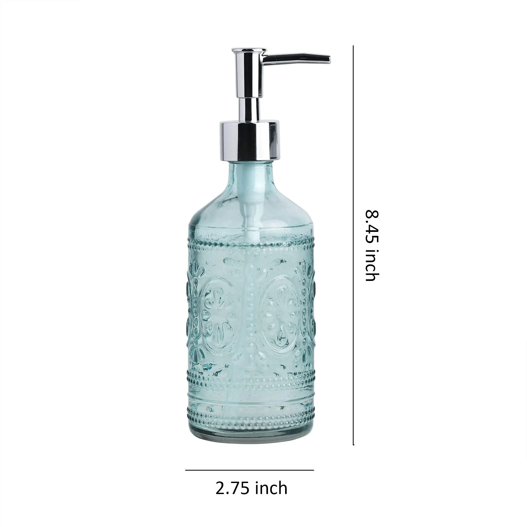 Embossed Glass Soap And Lotion Dispenser Bottles With Plastic Pump-12Oz-Set Of 2 (Blue)