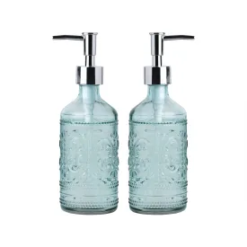 Embossed Glass Soap And Lotion Dispenser Bottles With Plastic Pump-12Oz-Set Of 2 (Blue)