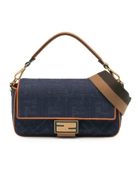 Embroidered Denim Baguette Satchel with Leather Trim