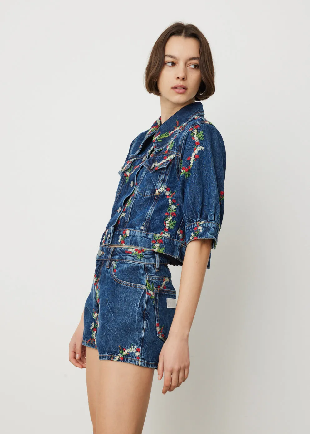 Embroidered Denim Puff Sleeve Jacket