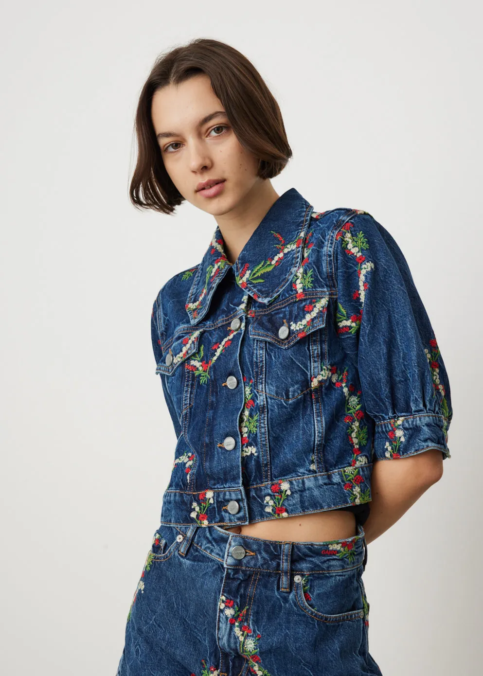 Embroidered Denim Puff Sleeve Jacket