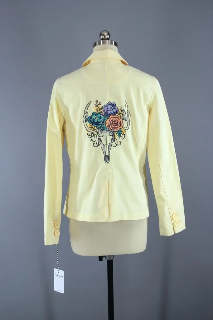 Embroidered Floral Skull Yellow Denim Blazer Jacket