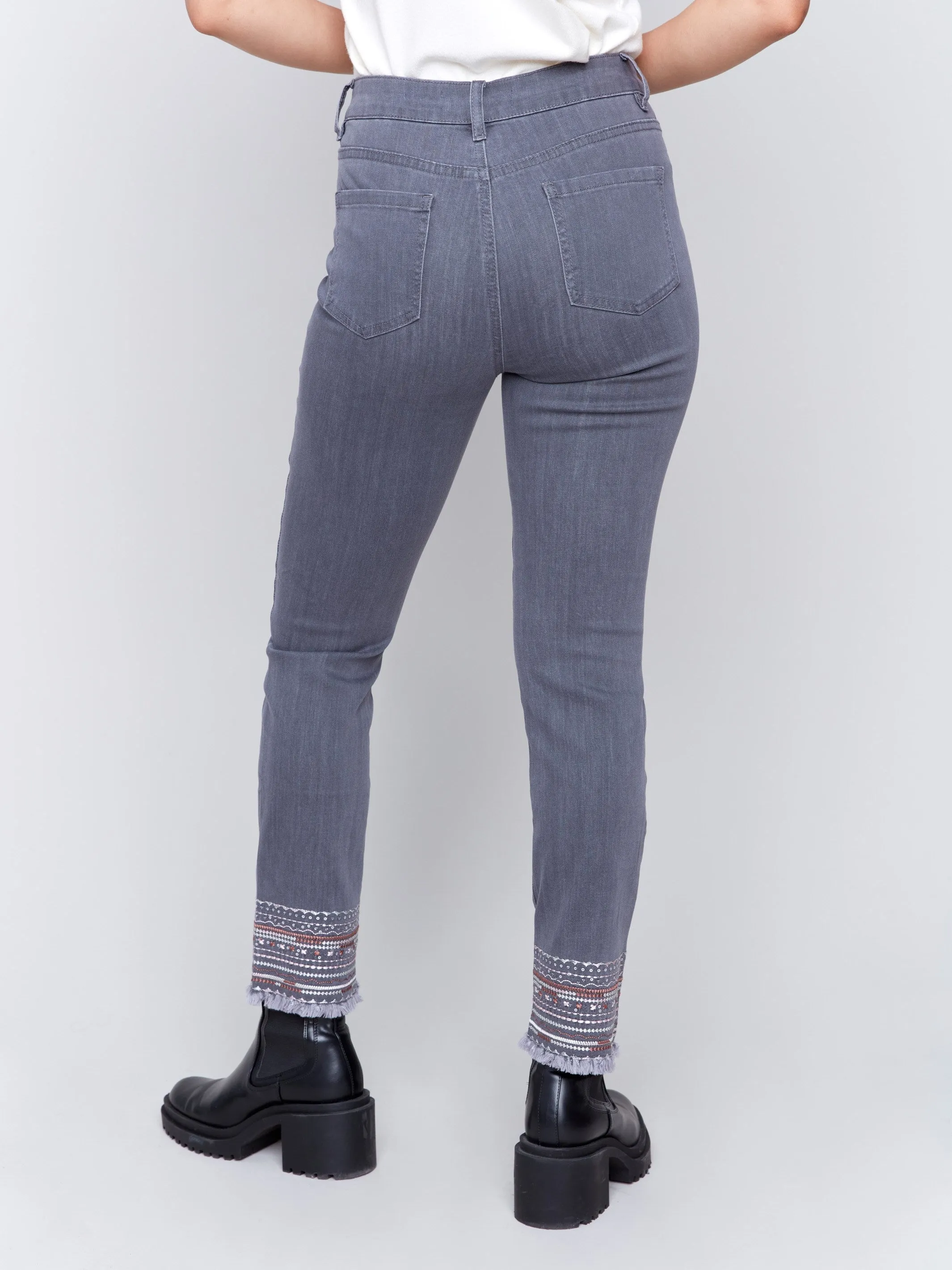 Embroidered Hem Jeans - Medium Grey