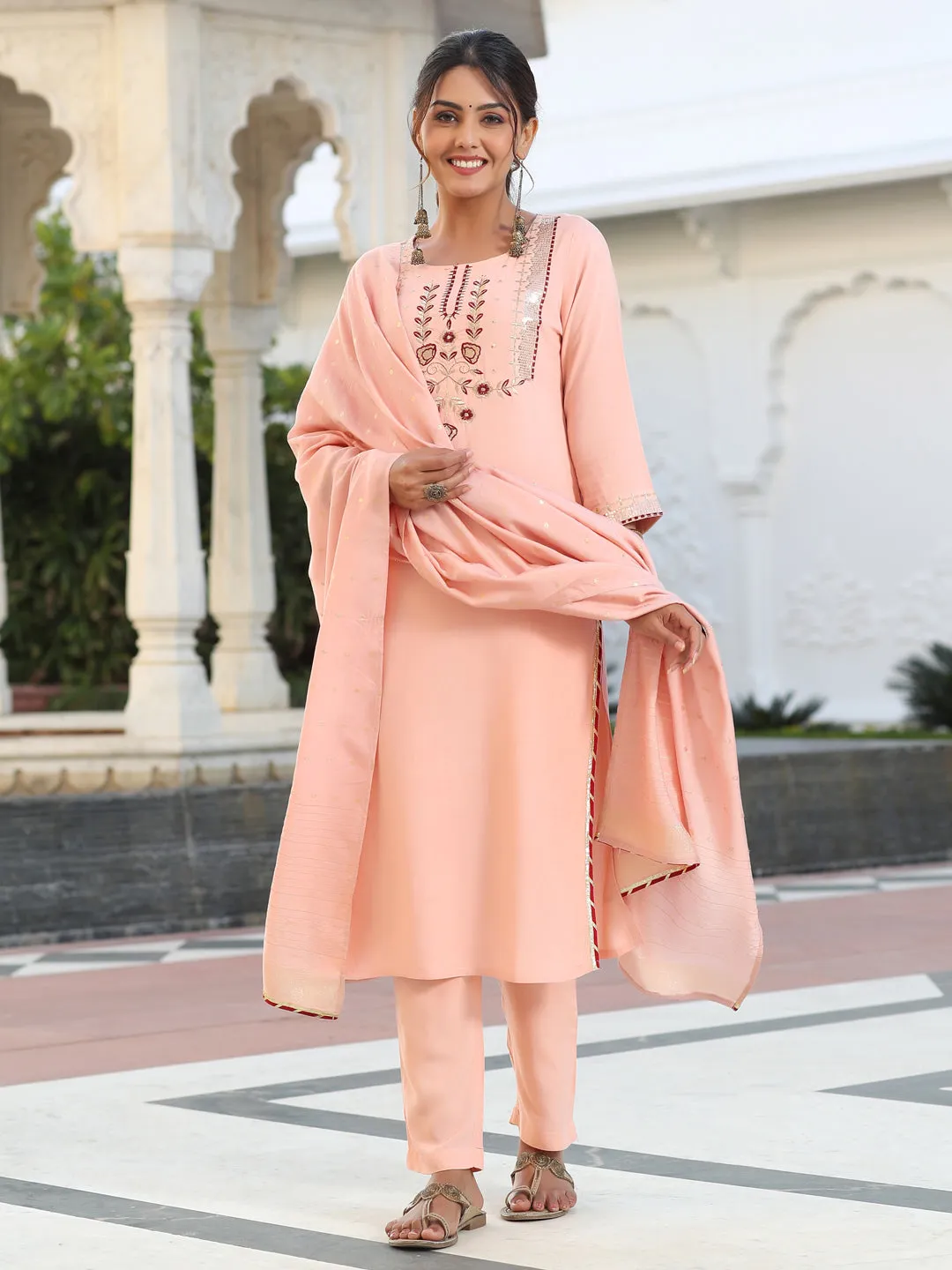 Embroidered Peach Kurta With Pants And Chanderi Dupatta