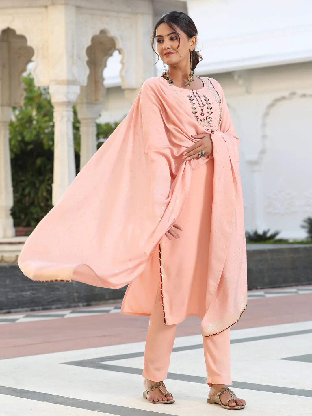 Embroidered Peach Kurta With Pants And Chanderi Dupatta