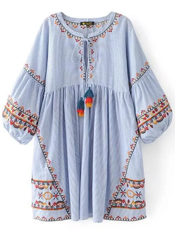 Embroidered Puff Sleeves Mini Dress