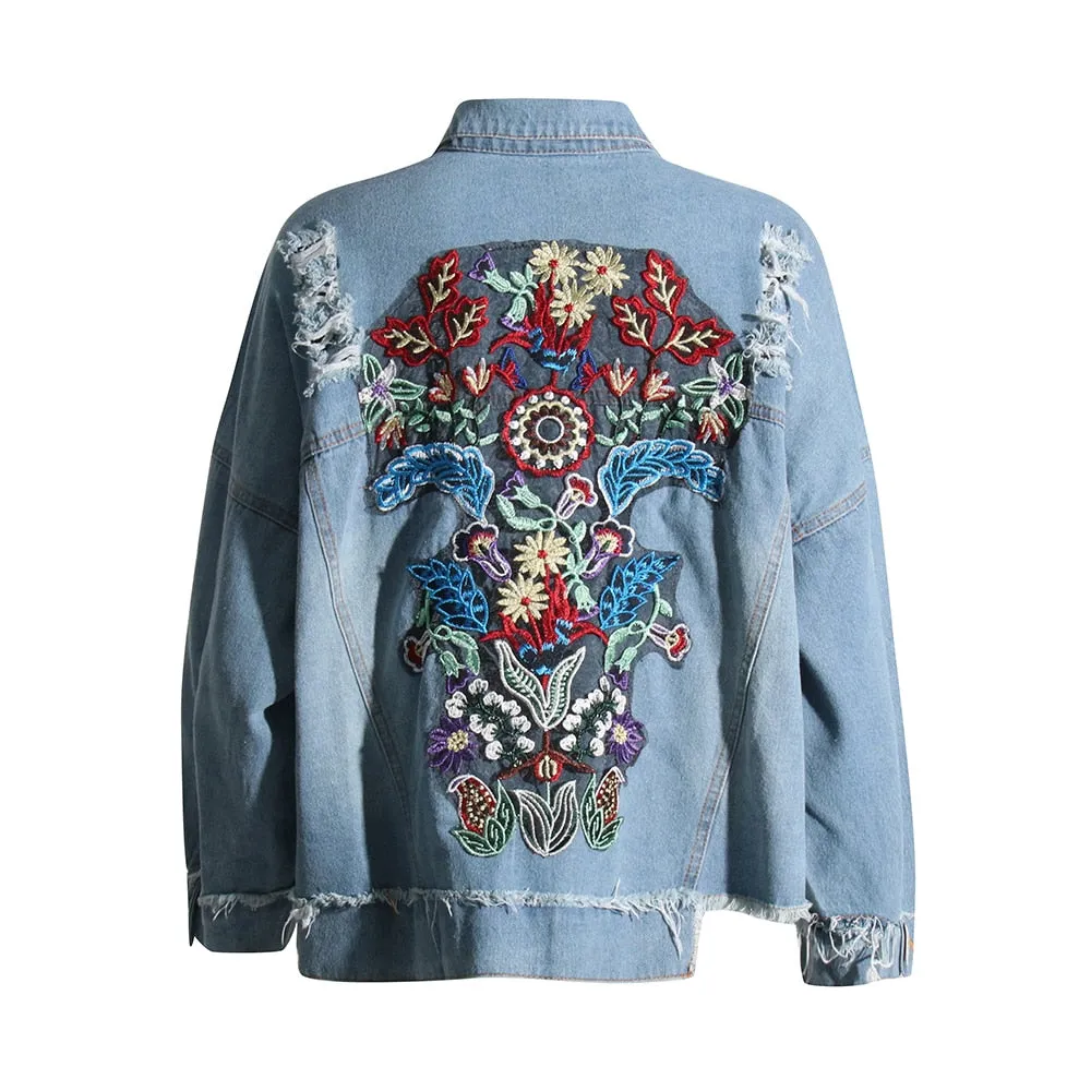 Embroidery Streetwear Denim Jacket For Women Lapel Long Sleeve Hole Hollow Out Casual Jackets Female Clothing