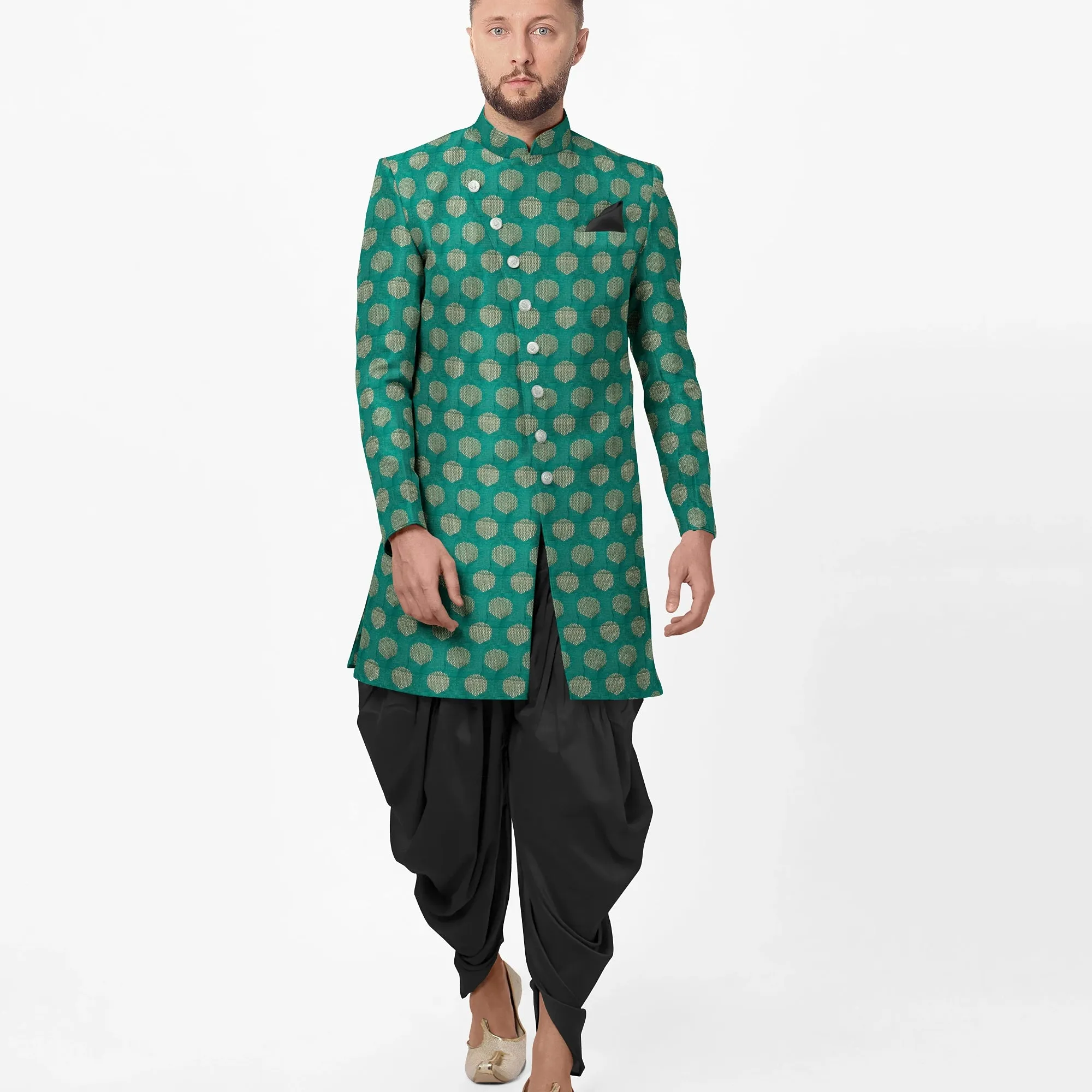 Emerald Green With Golden Geometricla Brocade Fabric