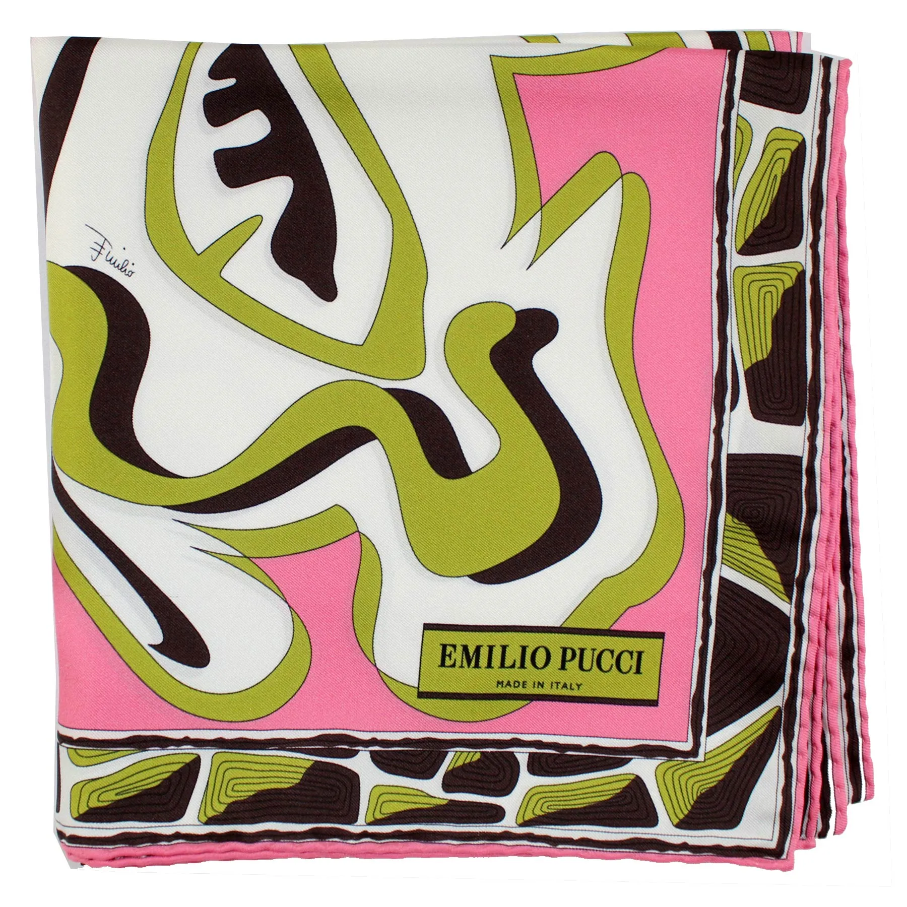 Emilio Pucci Scarf Pink Lime Black Swirl Floral - Twill Silk 36" Square Foulard