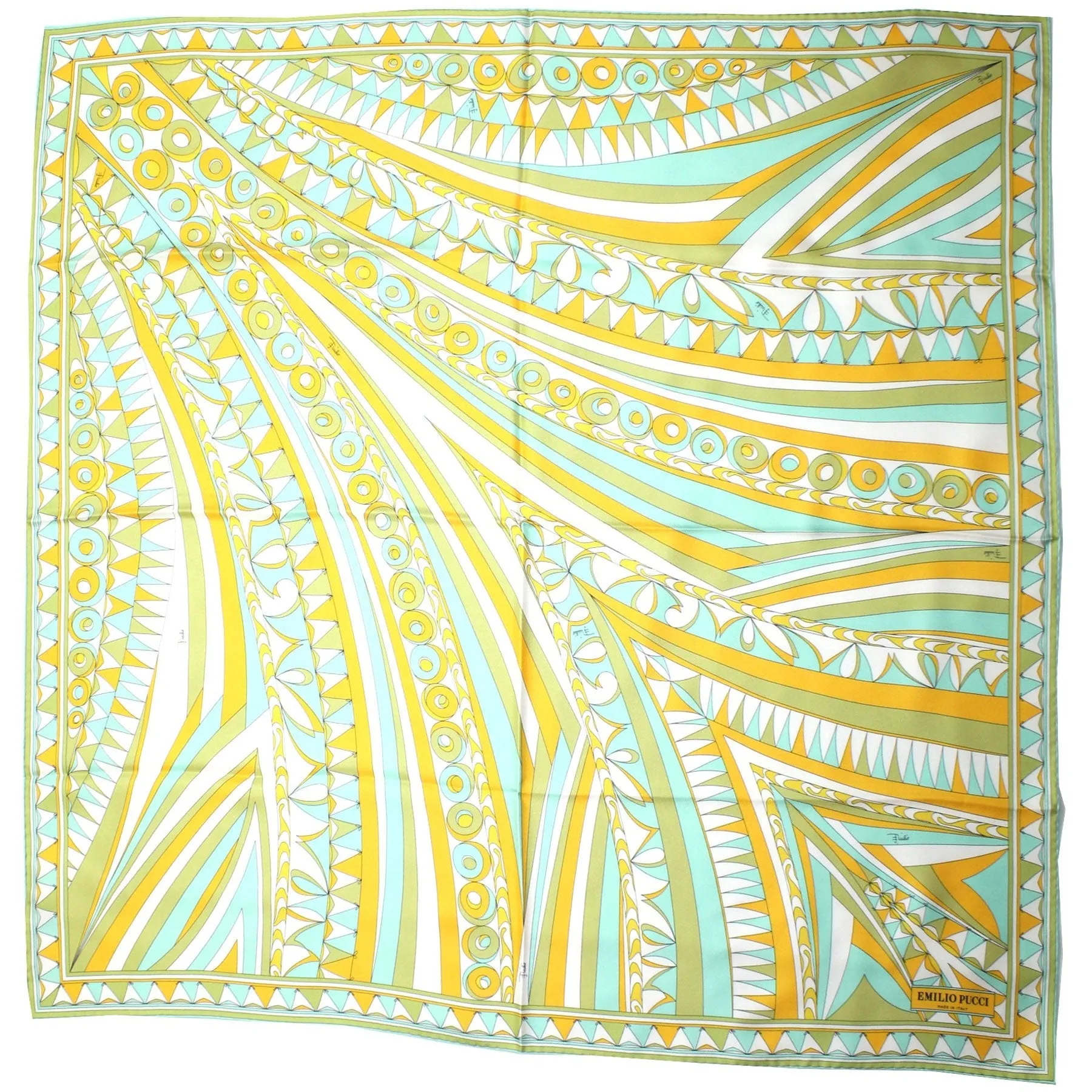 Emilio Pucci Scarf White Orange Olive Aqua Ornamental - Twill Silk Square Foulard