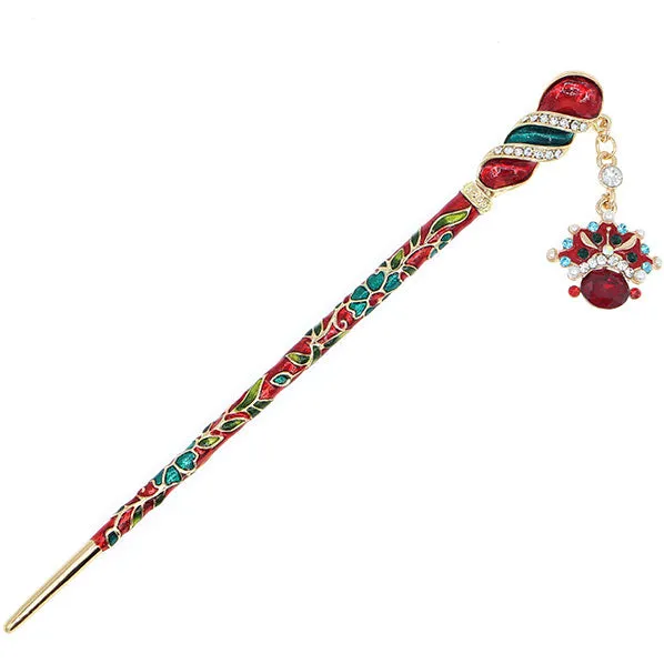 Enamel Twirl Floral Hair Stick w/ Rhinestones and Beijing Opera Mask Tassel