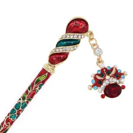 Enamel Twirl Floral Hair Stick w/ Rhinestones and Beijing Opera Mask Tassel