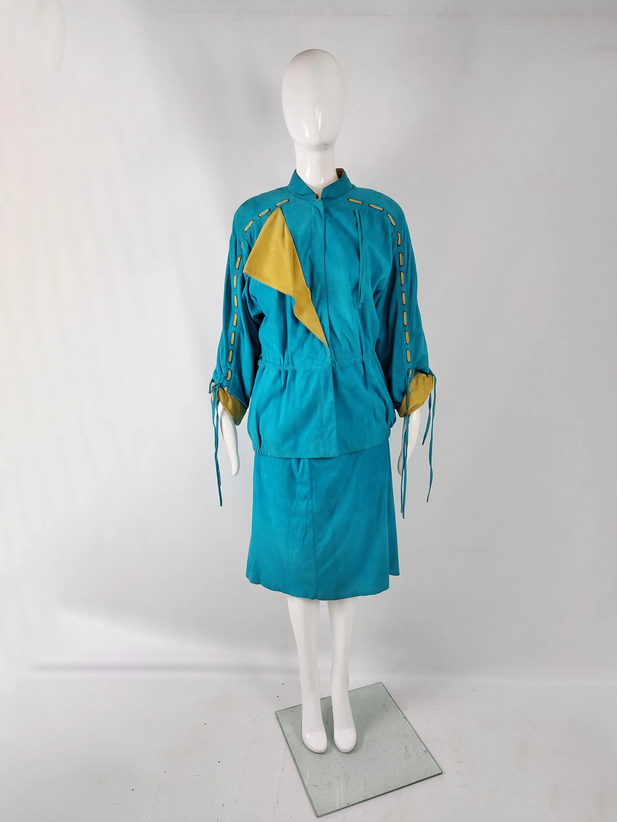 Enrico Coveri Vintage Turquoise Real Suede Skirt Suit, 1980s