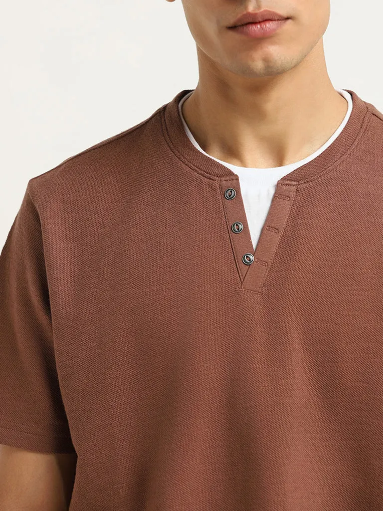 ETA Brown Henley Cotton Slim Fit T-Shirt