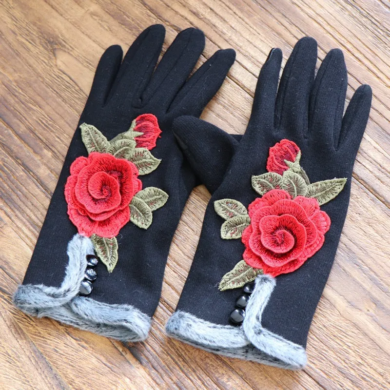 Ethnic Embroidery and Velvet Warm Embroidery Gloves Refer To Touch-screen Gloves and Velvet Cycling Five-finger Gloves