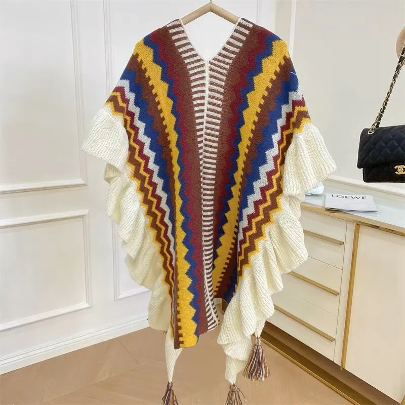 Ethnic style shawl women's wooden ears fashionably wear knitted cloak