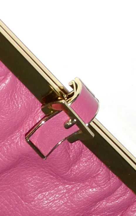 Etra Pink Leather Clutch Handbag Optional Chain Strap Gate Opening