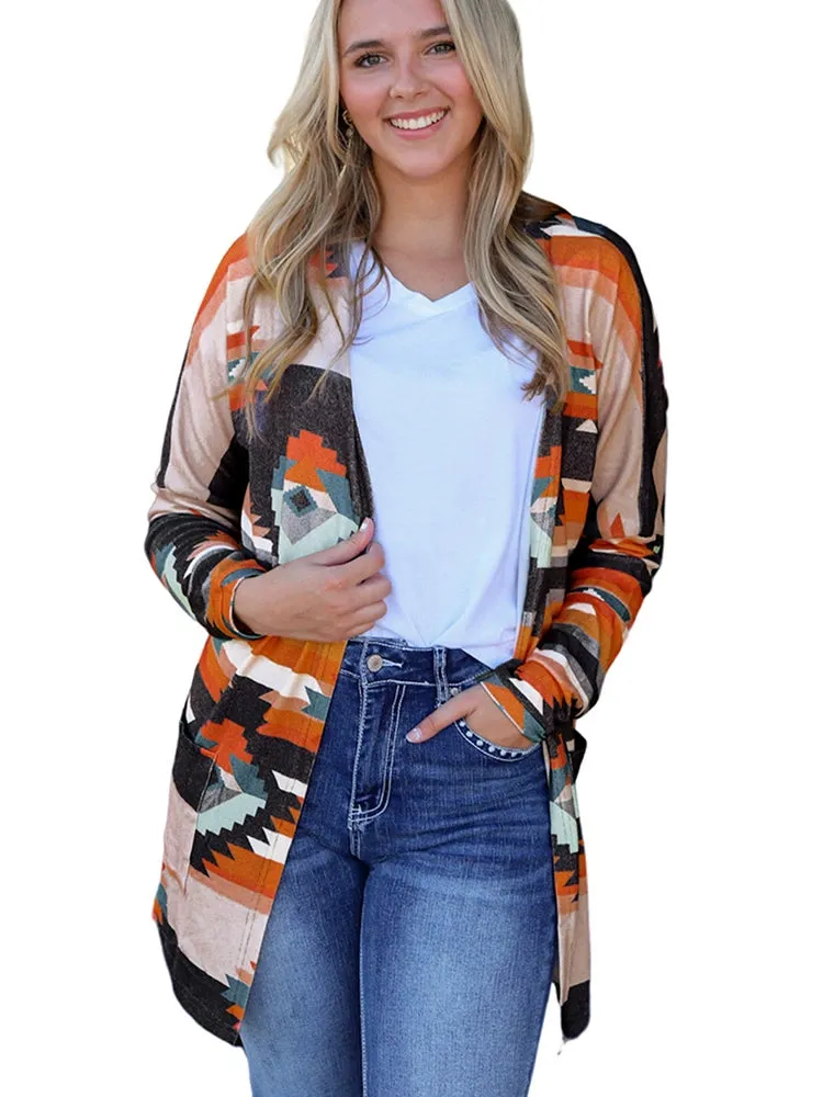 European and American Leisure Mid Length Long Length Color Matching Cardigan Knitwear Women 2024 Autumn New Arrival Retro Print Outer Tops Women