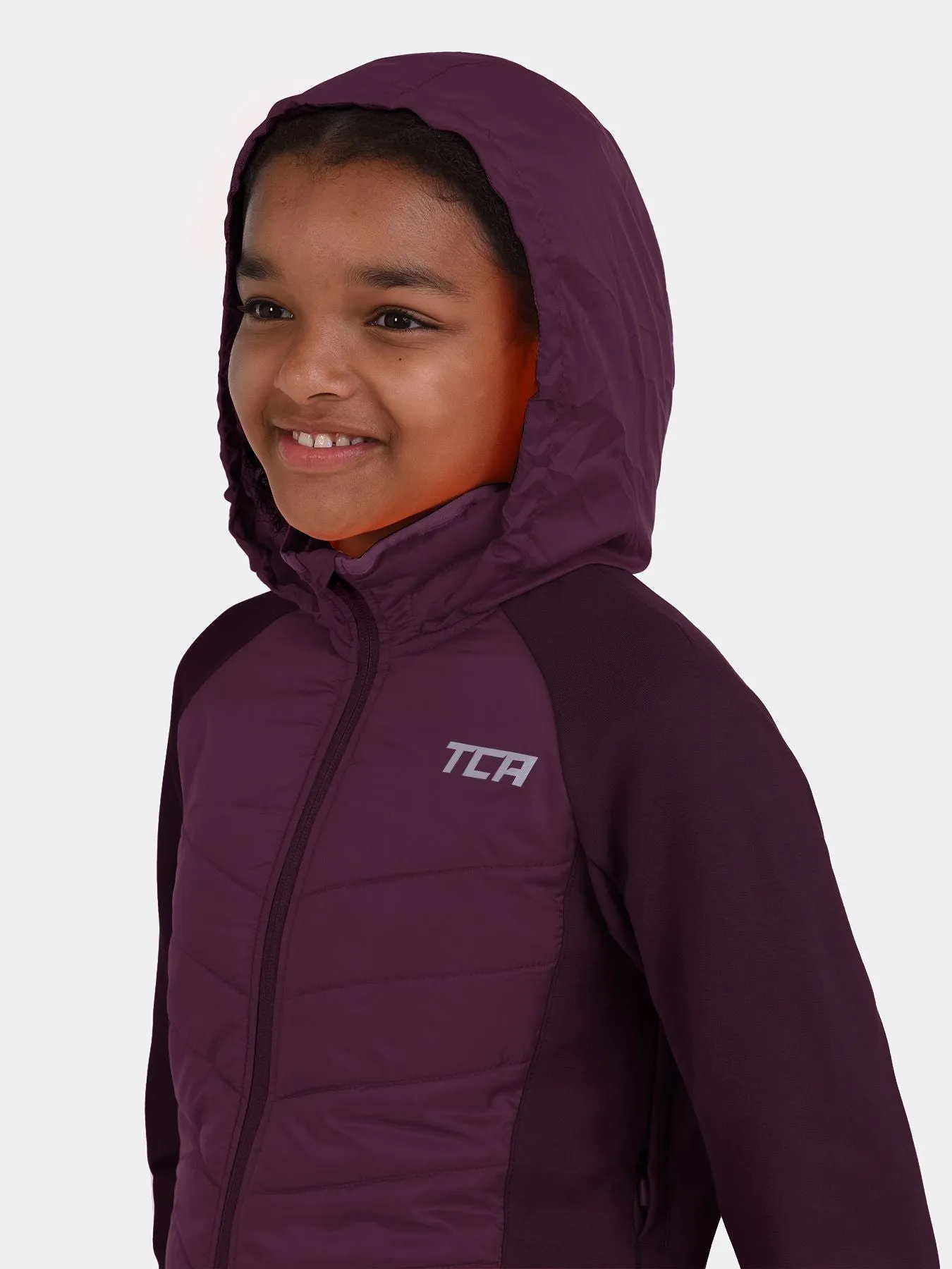 Excel Running Padded Packable Hooded Jacket For Girls With Thumbholes, Underarm Ventilation Zips, Zip Pockets & Reflective Strips