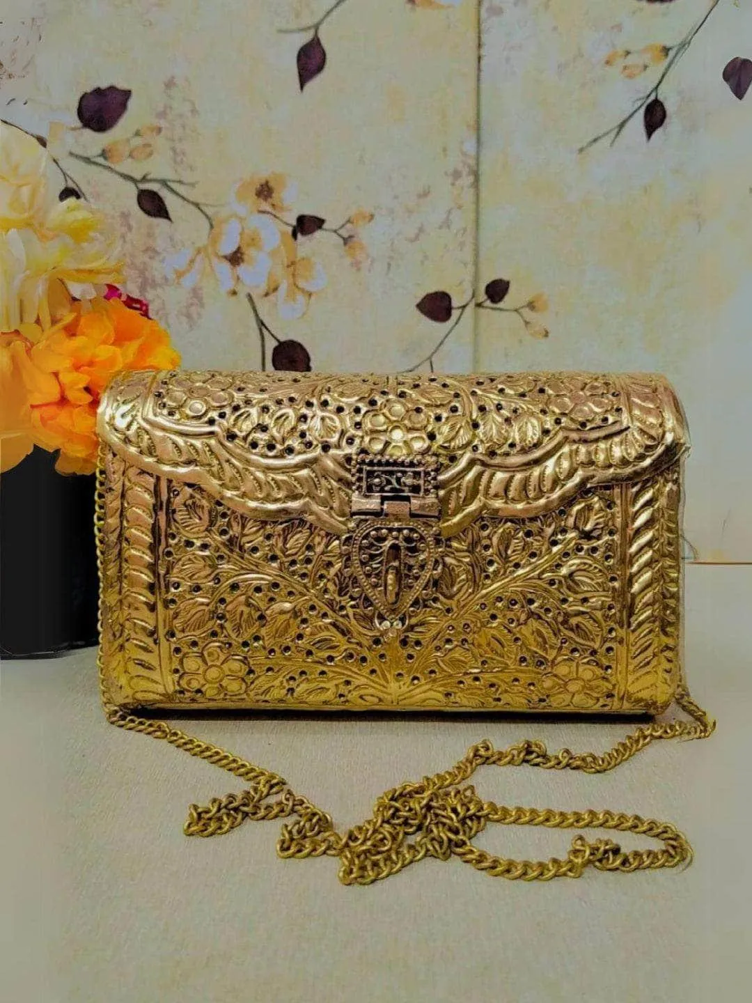 Exclusive Hand Carved Golden Plate High Quality German Silver Purse