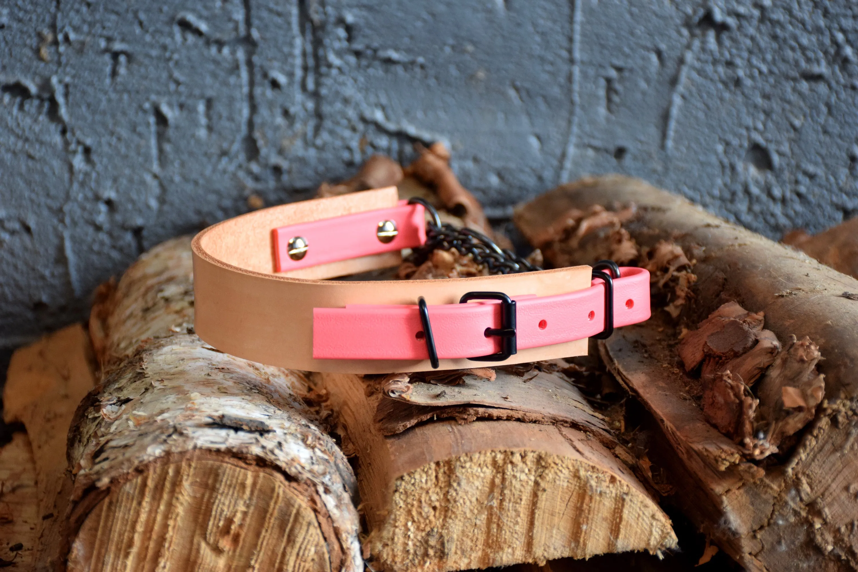 EXCLUSIVE LEATHER COLLECTION - Natural Tan & Coral, Limited Edition Biothane and Leather Combo Martingale Dog Collar