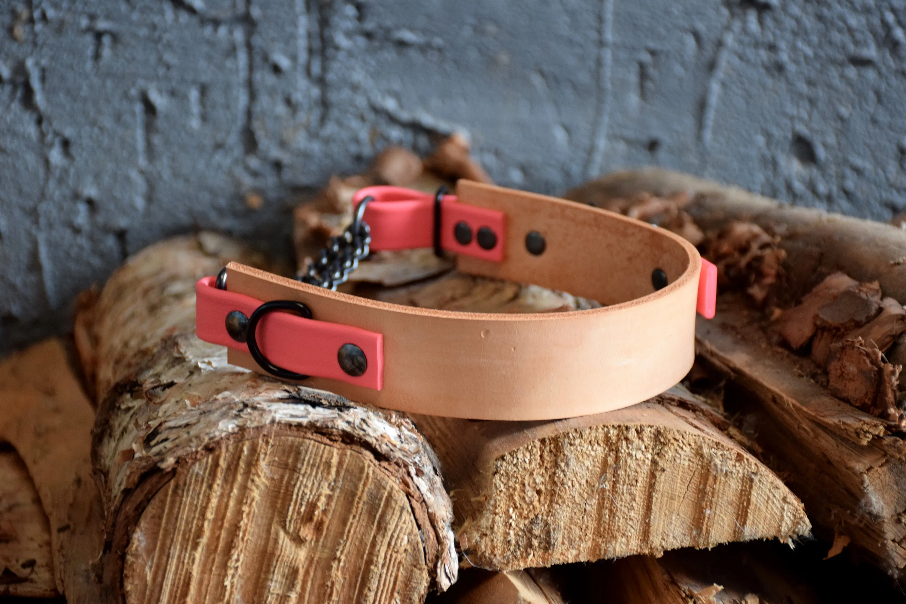 EXCLUSIVE LEATHER COLLECTION - Natural Tan & Coral, Limited Edition Biothane and Leather Combo Martingale Dog Collar