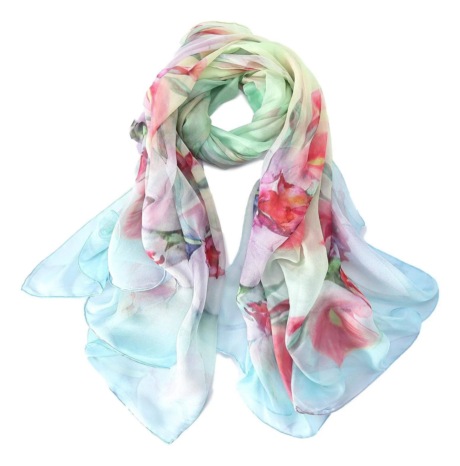 Extra Wide High Quality Silk Chiffon Scarf Light Blue and green Floral Print SCH512