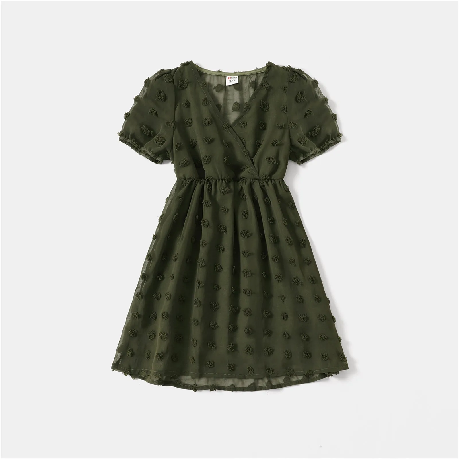 Family Matching Dress Army Green Swiss Dots Cross Wrap V Neck Short-sleeve Dresses and T-shirts