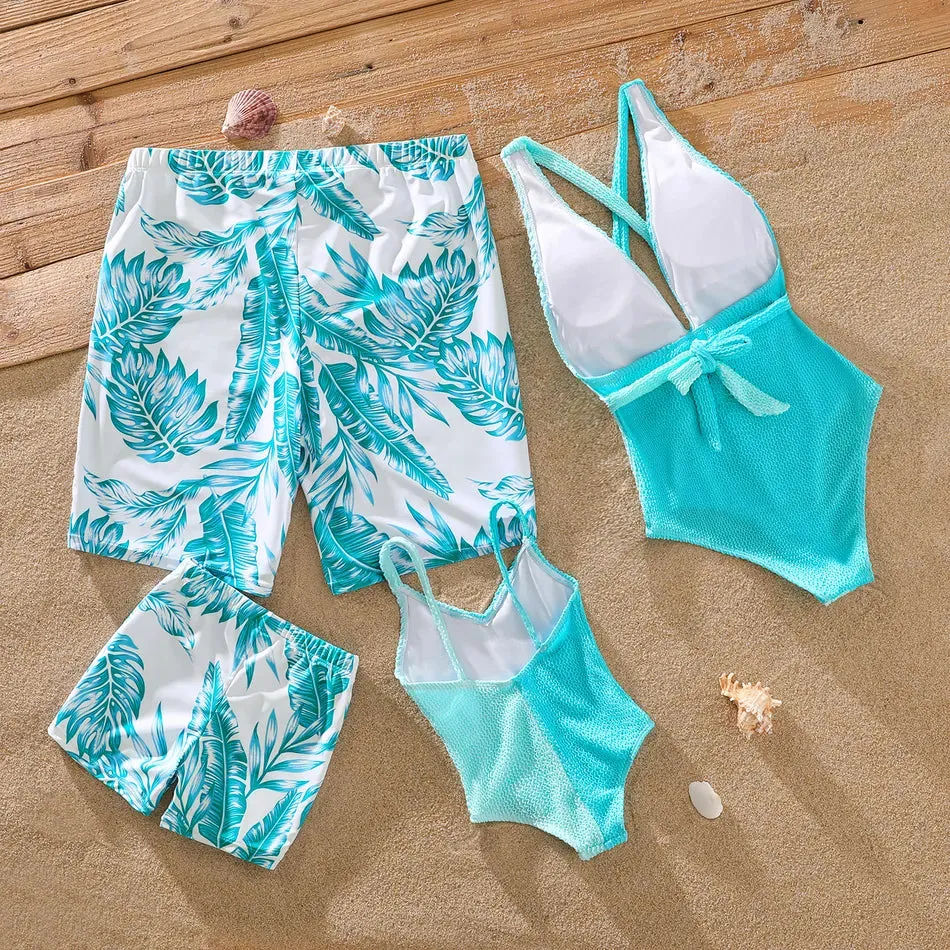 Family Matching Swimsuit Banana Leaves One Piece Color Block Swimsuit and Swim Trunks