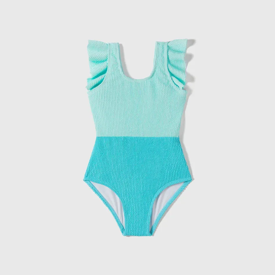 Family Matching Swimsuit Banana Leaves One Piece Color Block Swimsuit and Swim Trunks