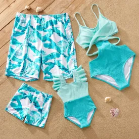 Family Matching Swimsuit Banana Leaves One Piece Color Block Swimsuit and Swim Trunks