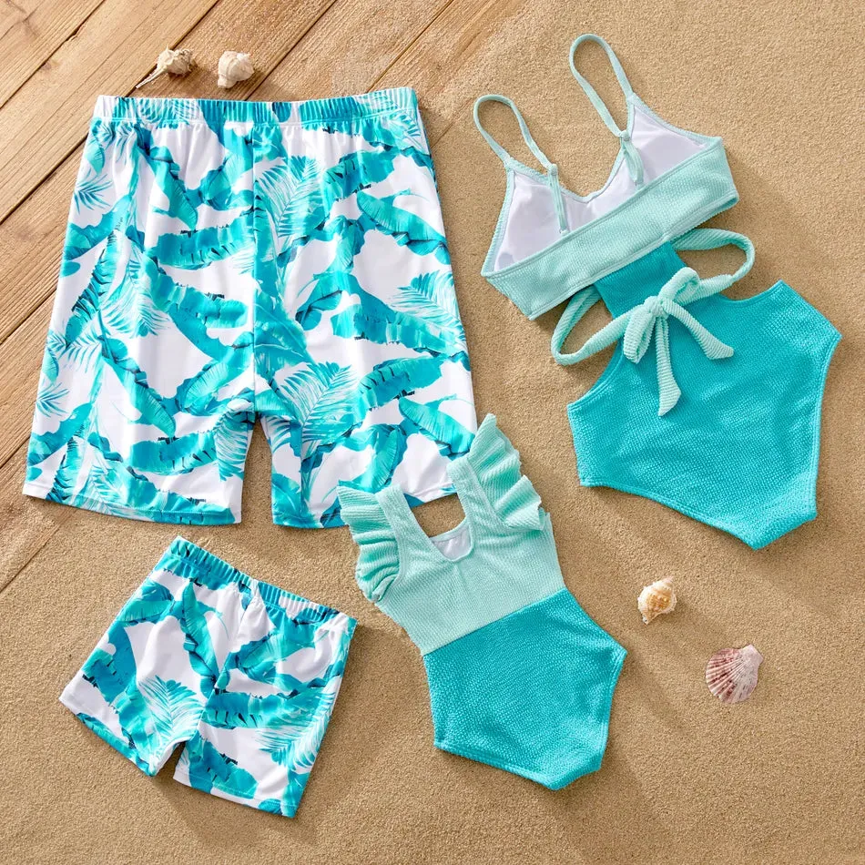 Family Matching Swimsuit Banana Leaves One Piece Color Block Swimsuit and Swim Trunks