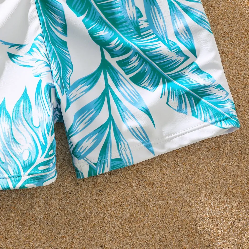 Family Matching Swimsuit Banana Leaves One Piece Color Block Swimsuit and Swim Trunks