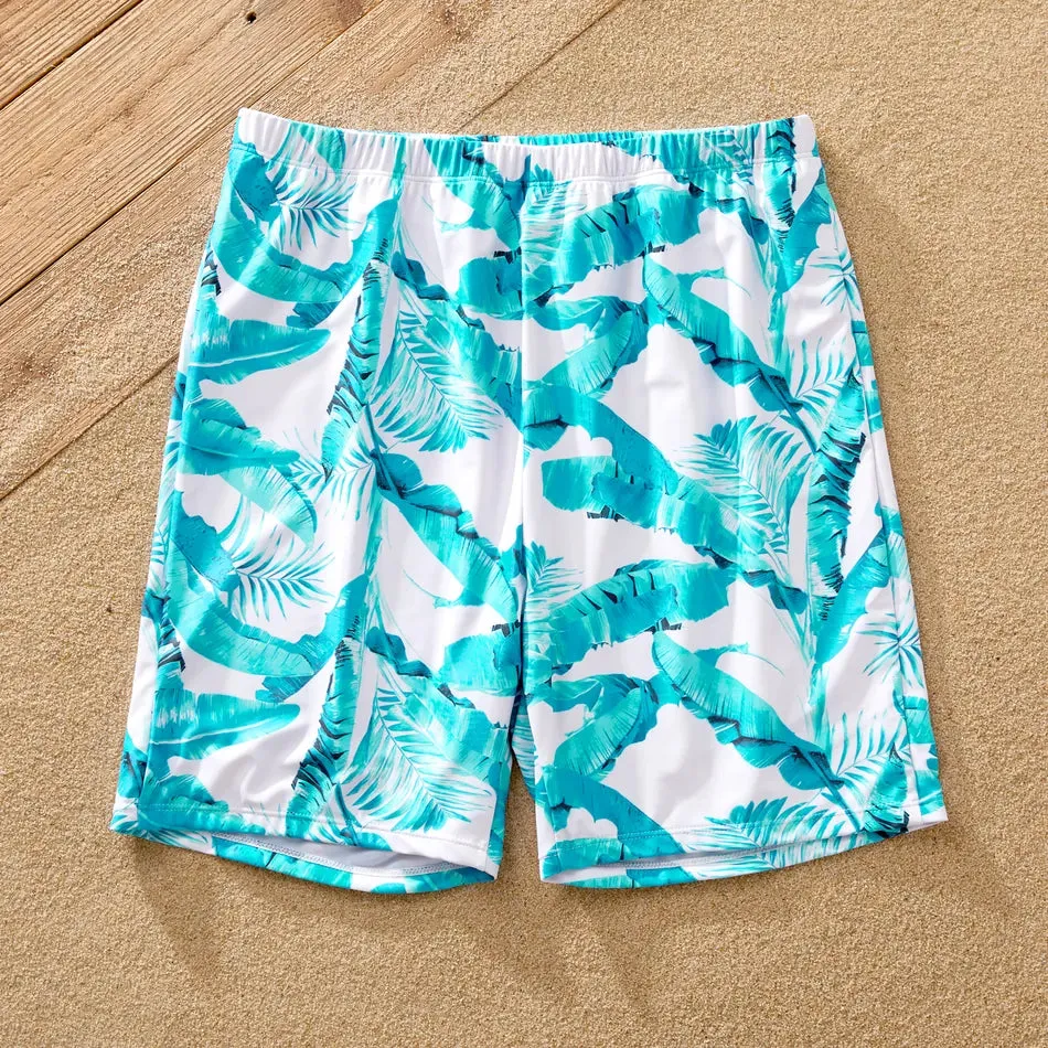 Family Matching Swimsuit Banana Leaves One Piece Color Block Swimsuit and Swim Trunks